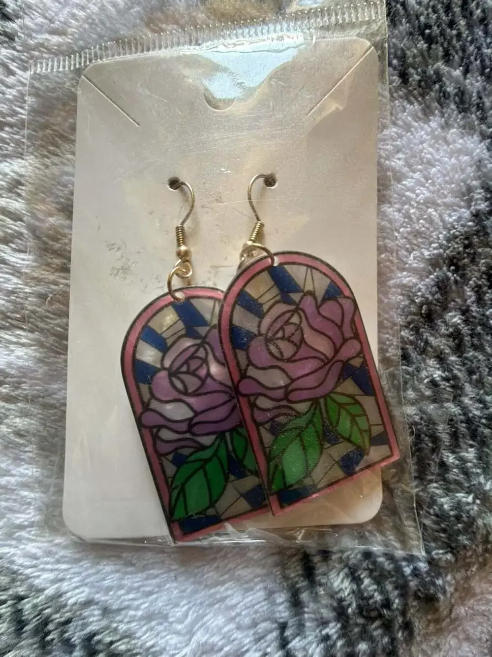 Stained Glass Style Rose Dangle Earrings